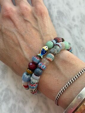 Set of 2 Handmade Mediterranean inspired stretch beaded bracelets